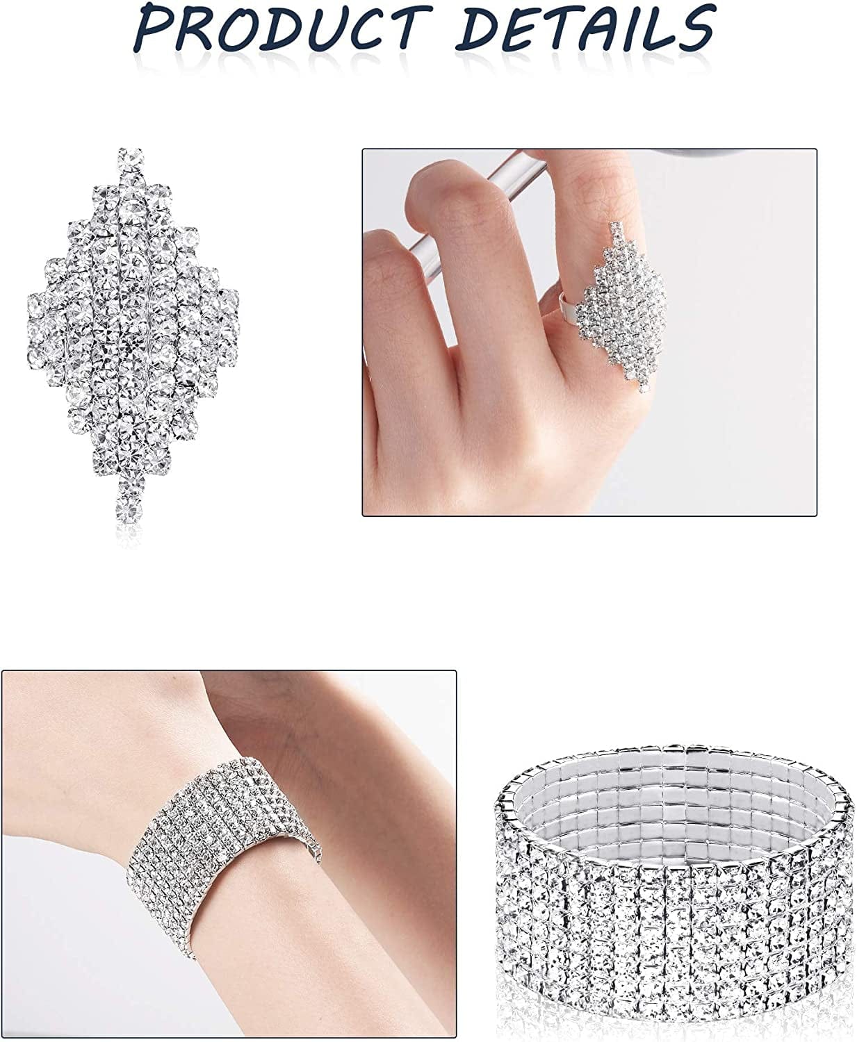 Women Rhinestone Stretch Bracelet Bangle Crystal Rhinestone Necklace Ring Dangle Fringe Earrings