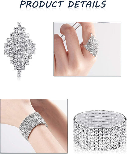 Women Rhinestone Stretch Bracelet Bangle Crystal Rhinestone Necklace Ring Dangle Fringe Earrings