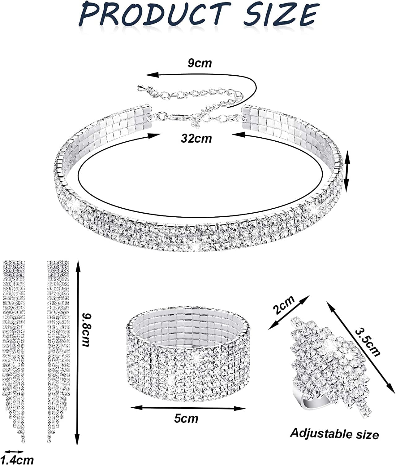 Women Rhinestone Stretch Bracelet Bangle Crystal Rhinestone Necklace Ring Dangle Fringe Earrings