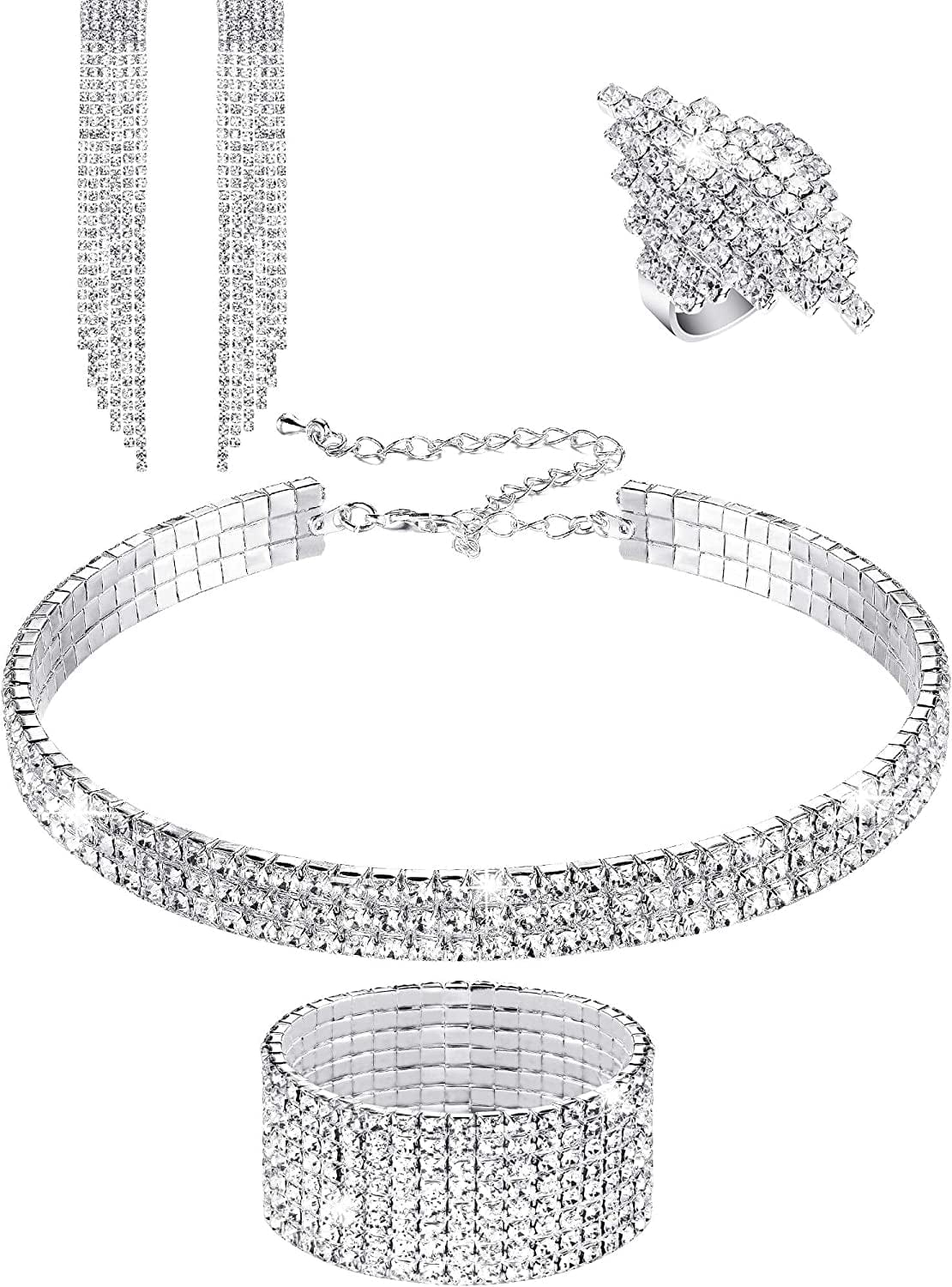Women Rhinestone Stretch Bracelet Bangle Crystal Rhinestone Necklace Ring Dangle Fringe Earrings Silver