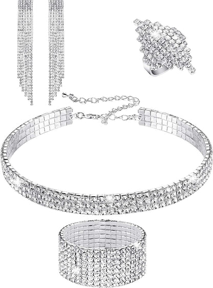 Women Rhinestone Stretch Bracelet Bangle Crystal Rhinestone Necklace Ring Dangle Fringe Earrings Silver