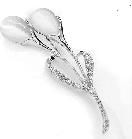 Women Rose Gold Opal Calla Lily Brooch Pin Flower Opal Lapel Pin for Coats Jackets Sweaters Accessories,Silver,1 Pc Silver / 1 Pc