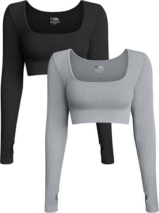 Women'S 2 Piece Crop Top Ribbed Seamless Workout Exercise Long Sleeve Crop Tops Black,grey / Large