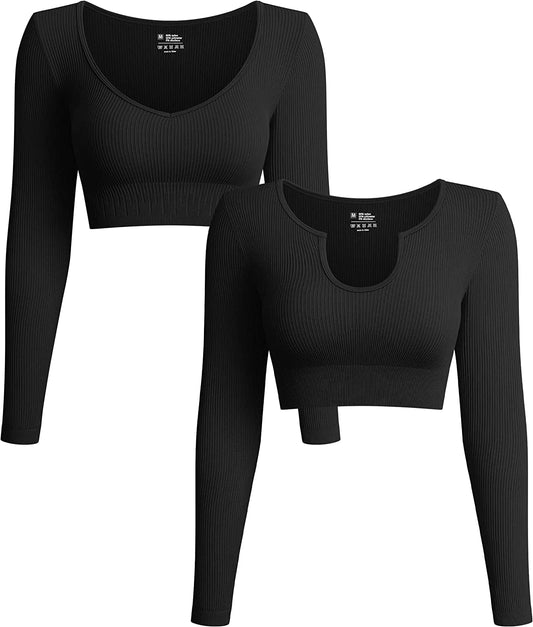 Women'S 2 Piece Crop Top Ribbed Seamless Workout Exercise Yoga Basic Long Sleeve Crop Tops Black / Medium