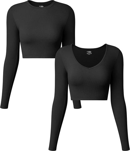 Women'S 2 Piece Yoga Crop Top Seamless Stretch Basic Workout Exercise Long Sleeve Crop Tops Black1 / Large