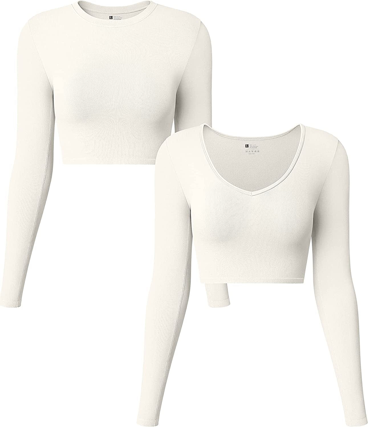 Women'S 2 Piece Yoga Crop Top Seamless Stretch Basic Workout Exercise Long Sleeve Crop Tops Beige1 / Large