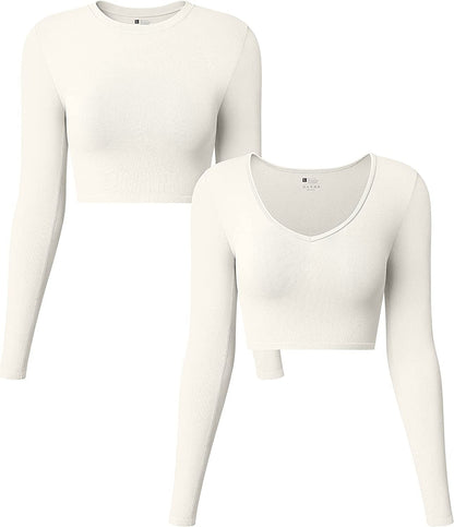Women'S 2 Piece Yoga Crop Top Seamless Stretch Basic Workout Exercise Long Sleeve Crop Tops Beige1 / Large