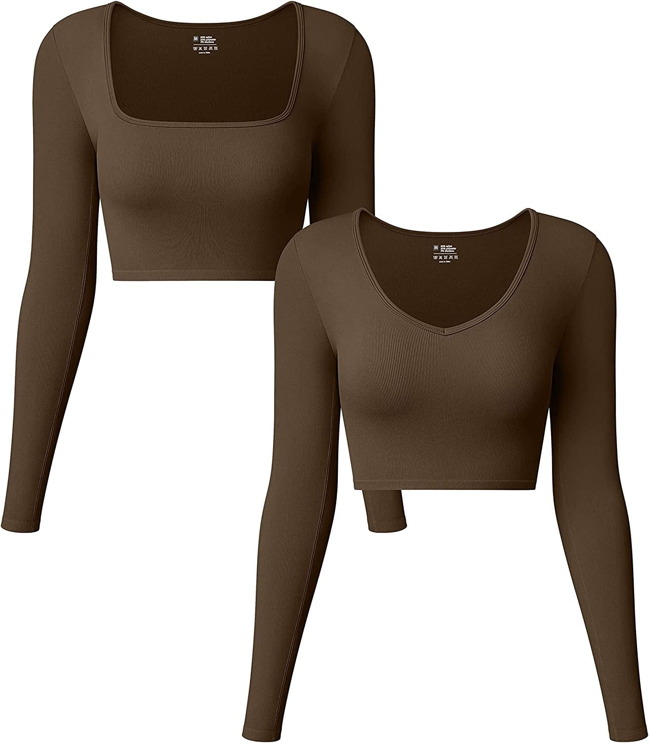 Women'S 2 Piece Yoga Crop Top Seamless Stretch Basic Workout Exercise Long Sleeve Crop Tops Coffee / Large