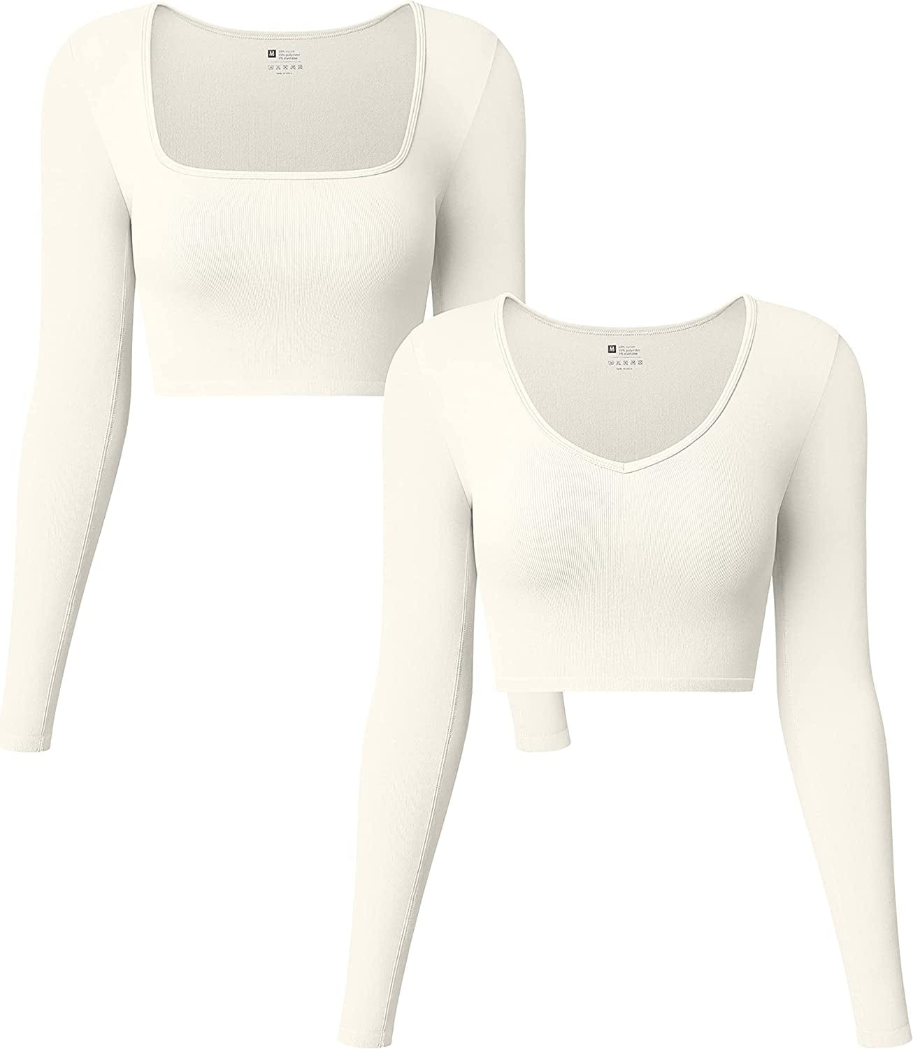 Women'S 2 Piece Yoga Crop Top Seamless Stretch Basic Workout Exercise Long Sleeve Crop Tops Beige / Large