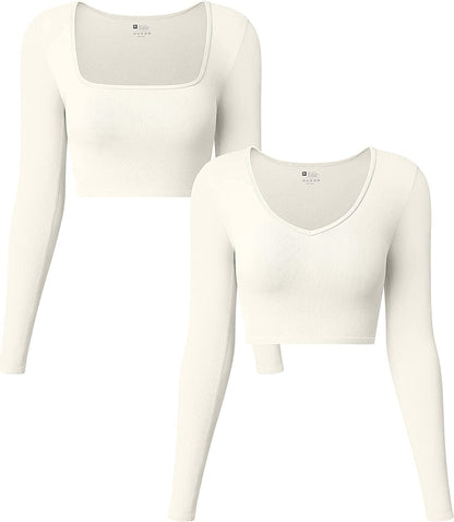Women'S 2 Piece Yoga Crop Top Seamless Stretch Basic Workout Exercise Long Sleeve Crop Tops Beige / Large