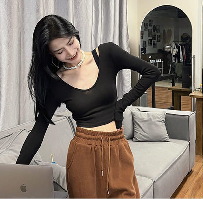 Women'S 2 Piece Yoga Crop Top Seamless Stretch Basic Workout Exercise Long Sleeve Crop Tops
