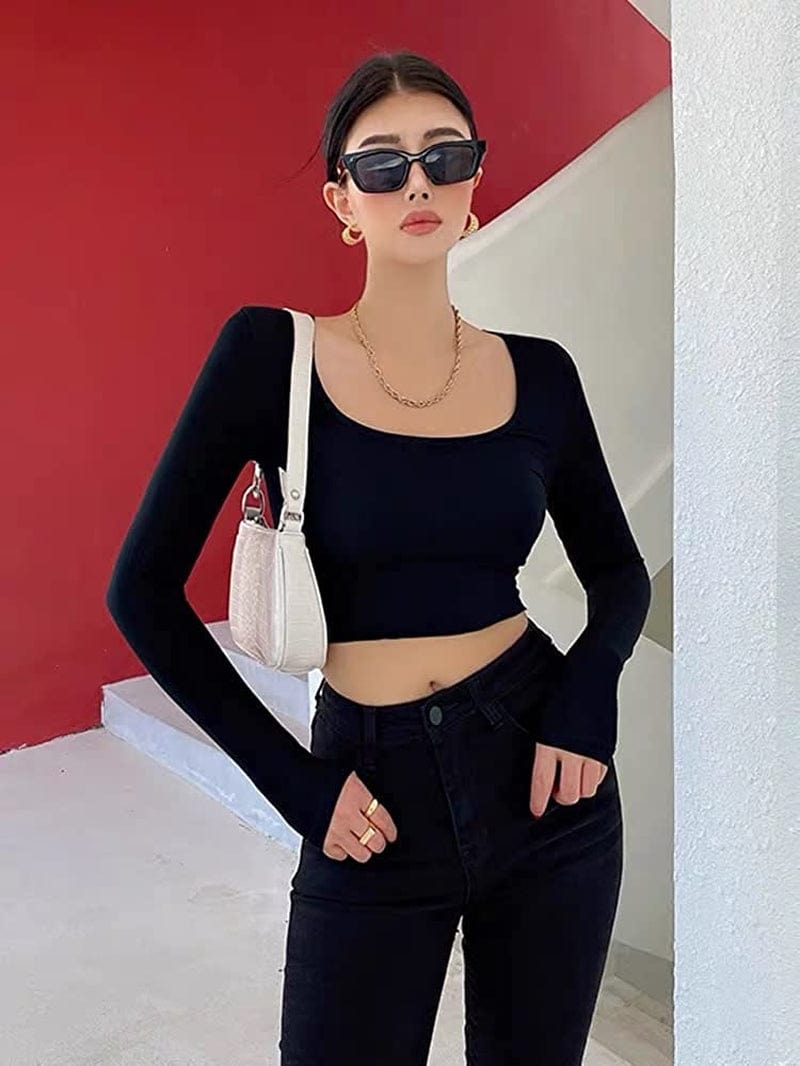Women'S 2 Piece Yoga Crop Top Seamless Stretch Basic Workout Exercise Long Sleeve Crop Tops