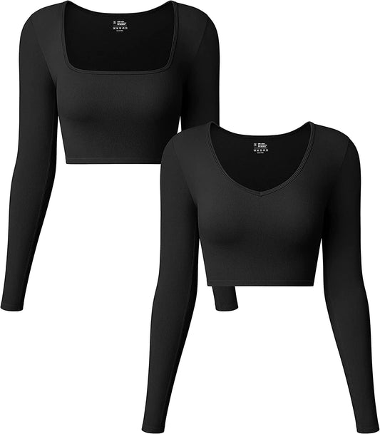 Women'S 2 Piece Yoga Crop Top Seamless Stretch Basic Workout Exercise Long Sleeve Crop Tops Black / Small