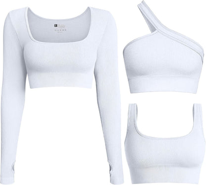 Women'S 3 Piece Crop Tops Ribbed Long Sleeve Workout Tops One Shoulder Yoga Crop Top Exercise Sports Bra White / Large