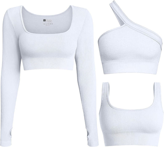 Women'S 3 Piece Crop Tops Ribbed Long Sleeve Workout Tops One Shoulder Yoga Crop Top Exercise Sports Bra White / Large