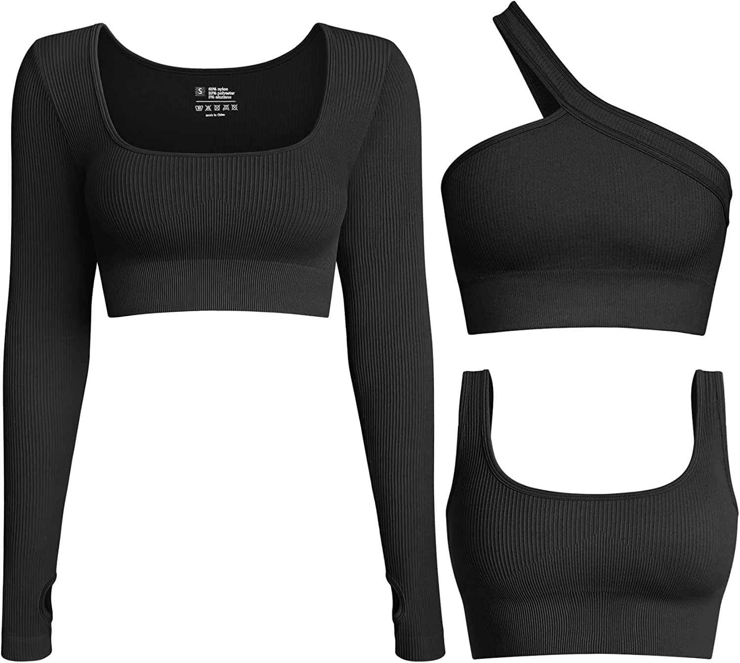 Women'S 3 Piece Crop Tops Ribbed Long Sleeve Workout Tops One Shoulder Yoga Crop Top Exercise Sports Bra Black / Large