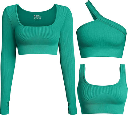 Women'S 3 Piece Crop Tops Ribbed Long Sleeve Workout Tops One Shoulder Yoga Crop Top Exercise Sports Bra Green / Large