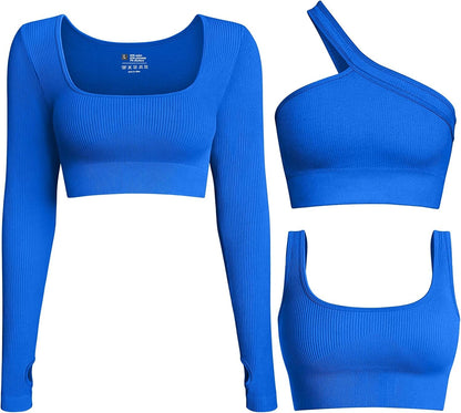 Women'S 3 Piece Crop Tops Ribbed Long Sleeve Workout Tops One Shoulder Yoga Crop Top Exercise Sports Bra Blue / Medium
