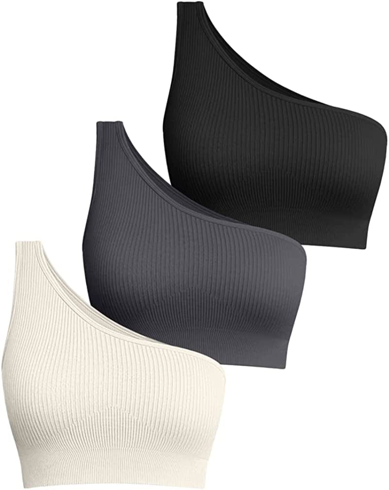 Women'S 3 Piece Medium Support Crop Top One Shoulder Ribbed Seamless Removable Cups Workout Exercise Sport Bra Black Darkgrey Beige / Medium