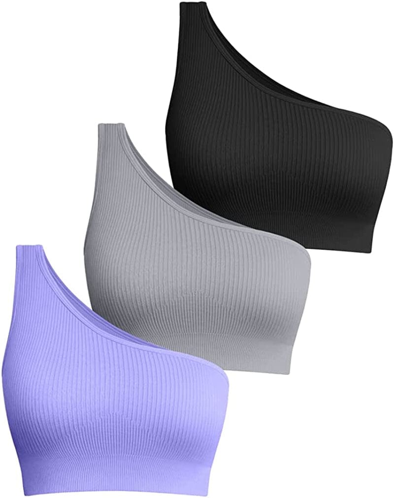 Women'S 3 Piece Medium Support Crop Top One Shoulder Ribbed Seamless Removable Cups Workout Exercise Sport Bra Black Grey Purple / Medium