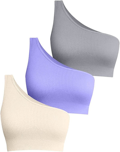 Women'S 3 Piece Medium Support Crop Top One Shoulder Ribbed Seamless Removable Cups Workout Exercise Sport Bra Grey Purple Beige / Medium