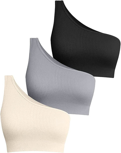 Women'S 3 Piece Medium Support Crop Top One Shoulder Ribbed Seamless Removable Cups Workout Exercise Sport Bra Black Grey Beige / Medium
