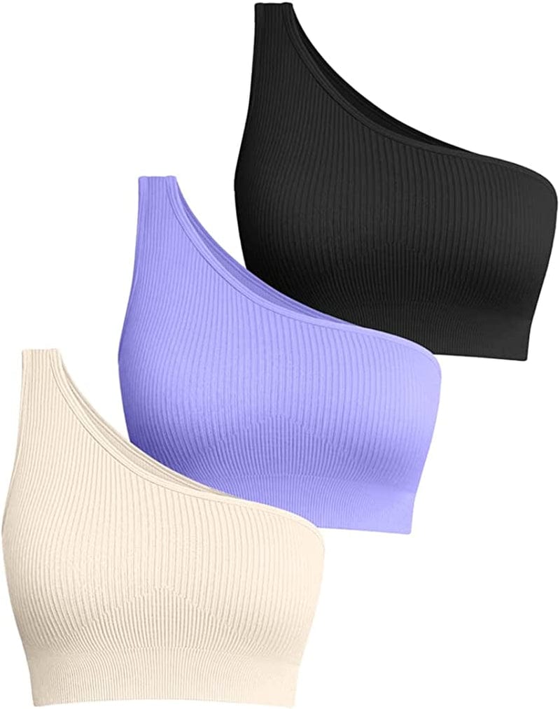 Women'S 3 Piece Medium Support Crop Top One Shoulder Ribbed Seamless Removable Cups Workout Exercise Sport Bra Black Purple Beige / Medium