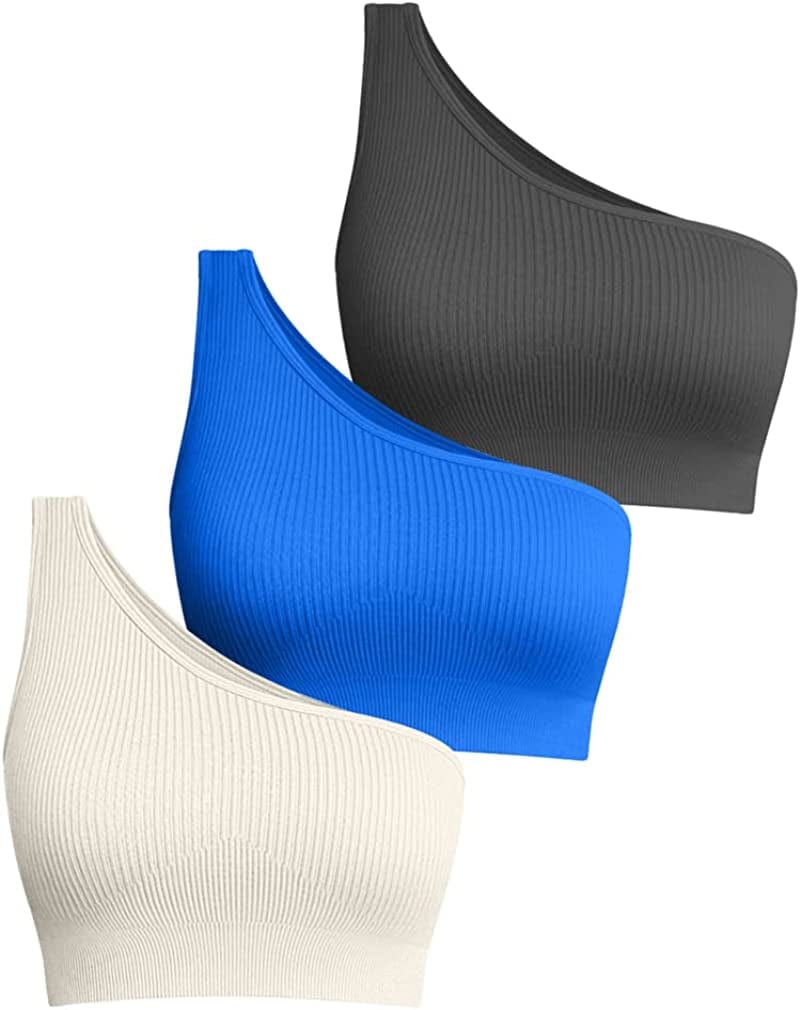 Women'S 3 Piece Medium Support Crop Top One Shoulder Ribbed Seamless Removable Cups Workout Exercise Sport Bra Darkgrey Blue Beige / Medium