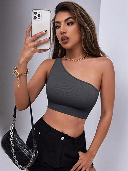Women'S 3 Piece Medium Support Crop Top One Shoulder Ribbed Seamless Removable Cups Workout Exercise Sport Bra