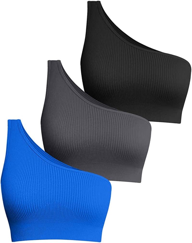 Women'S 3 Piece Medium Support Crop Top One Shoulder Ribbed Seamless Removable Cups Workout Exercise Sport Bra Black Darkgrey Blue / Small