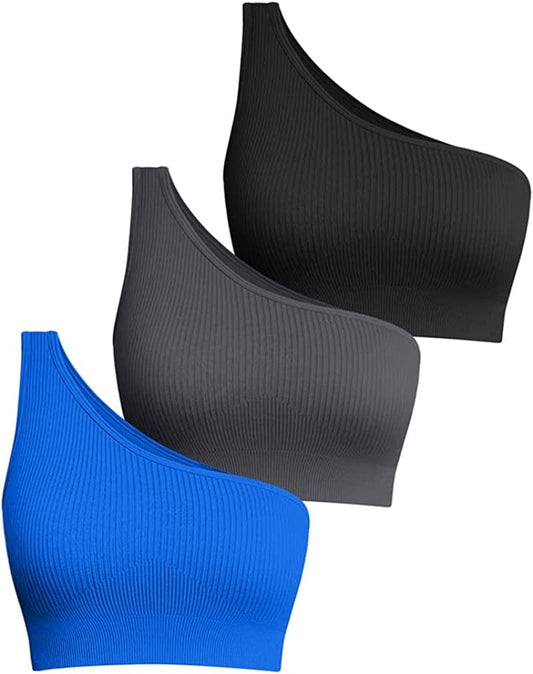 Women'S 3 Piece Medium Support Crop Top One Shoulder Ribbed Seamless Removable Cups Workout Exercise Sport Bra Black Darkgrey Blue / Small