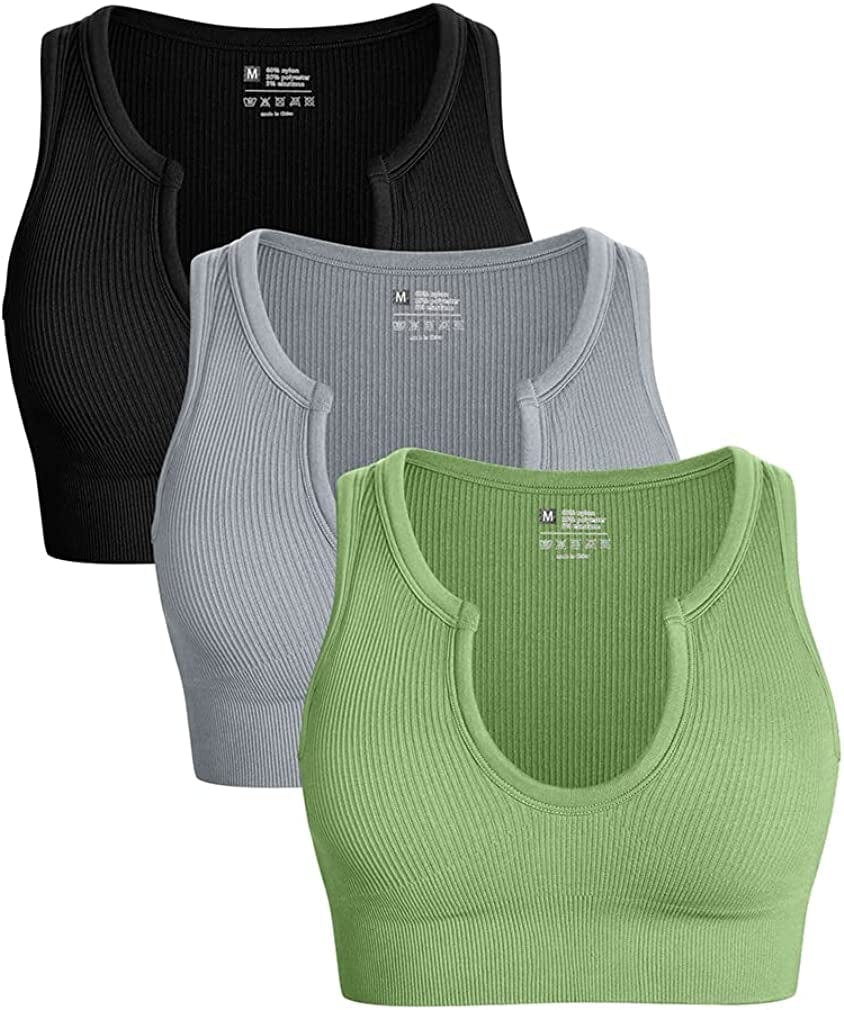 Women'S 3 Piece Medium Support Crop Top Seamless Ribbed Removable Cups Workout Yoga Sport Bra Black Grey Green / Large