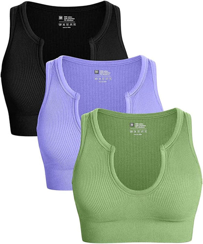 Women'S 3 Piece Medium Support Crop Top Seamless Ribbed Removable Cups Workout Yoga Sport Bra Black Purple Green / Medium