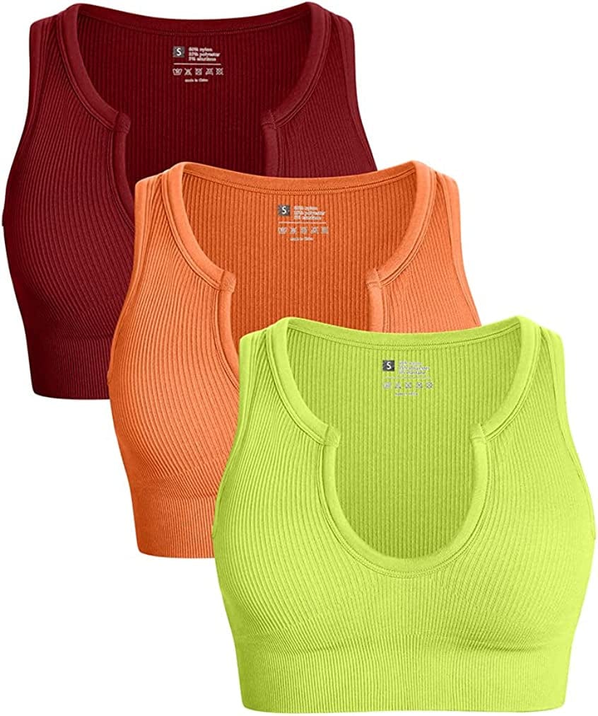 Women'S 3 Piece Medium Support Crop Top Seamless Ribbed Removable Cups Workout Yoga Sport Bra Winered Orange Grassgreen / Small