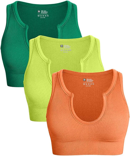 Women'S 3 Piece Medium Support Crop Top Seamless Ribbed Removable Cups Workout Yoga Sport Bra Green Grassgreen Orange / Medium