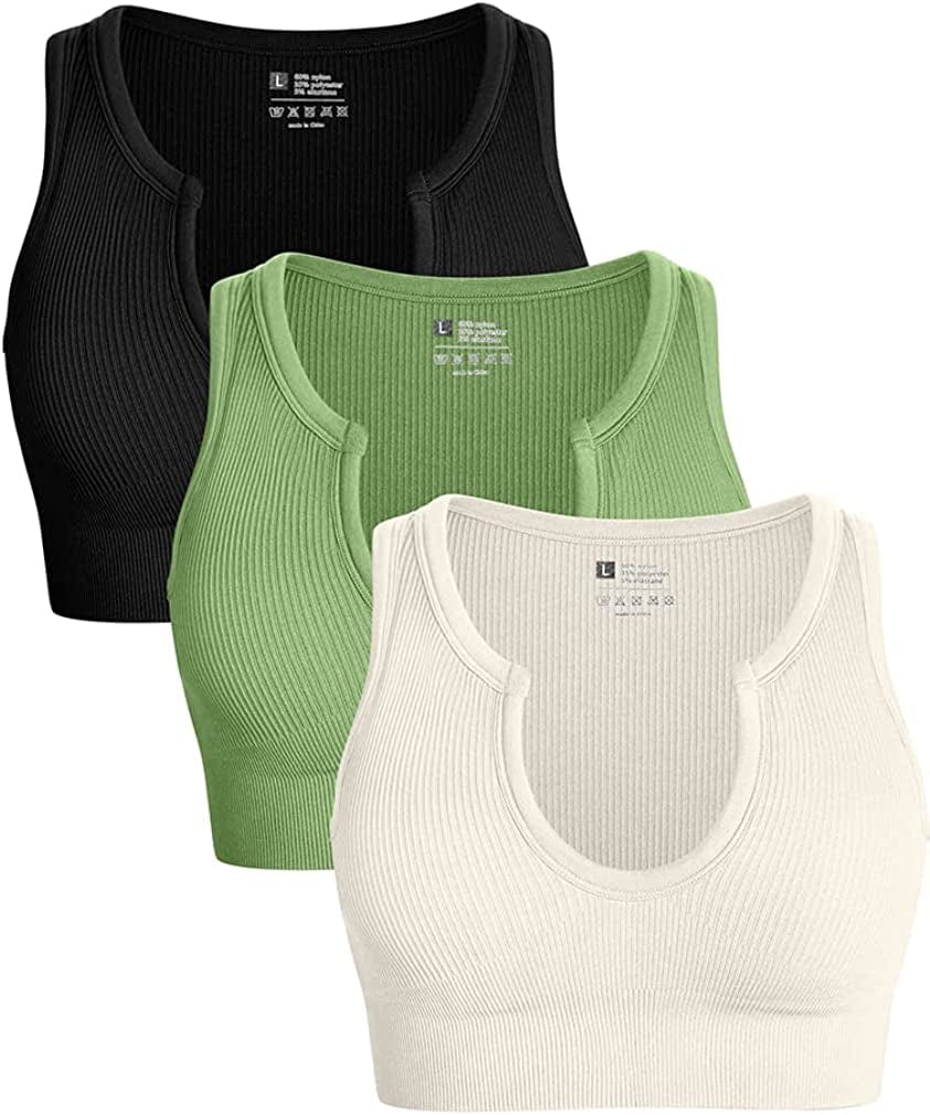 Women'S 3 Piece Medium Support Crop Top Seamless Ribbed Removable Cups Workout Yoga Sport Bra Black Green Beige / Medium