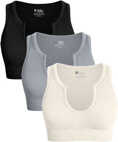 Women'S 3 Piece Medium Support Crop Top Seamless Ribbed Removable Cups Workout Yoga Sport Bra Black Grey Beige / Medium