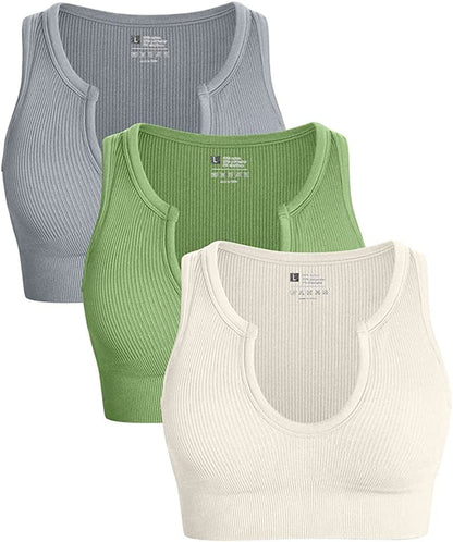 Women'S 3 Piece Medium Support Crop Top Seamless Ribbed Removable Cups Workout Yoga Sport Bra Grey Green Beige / Medium
