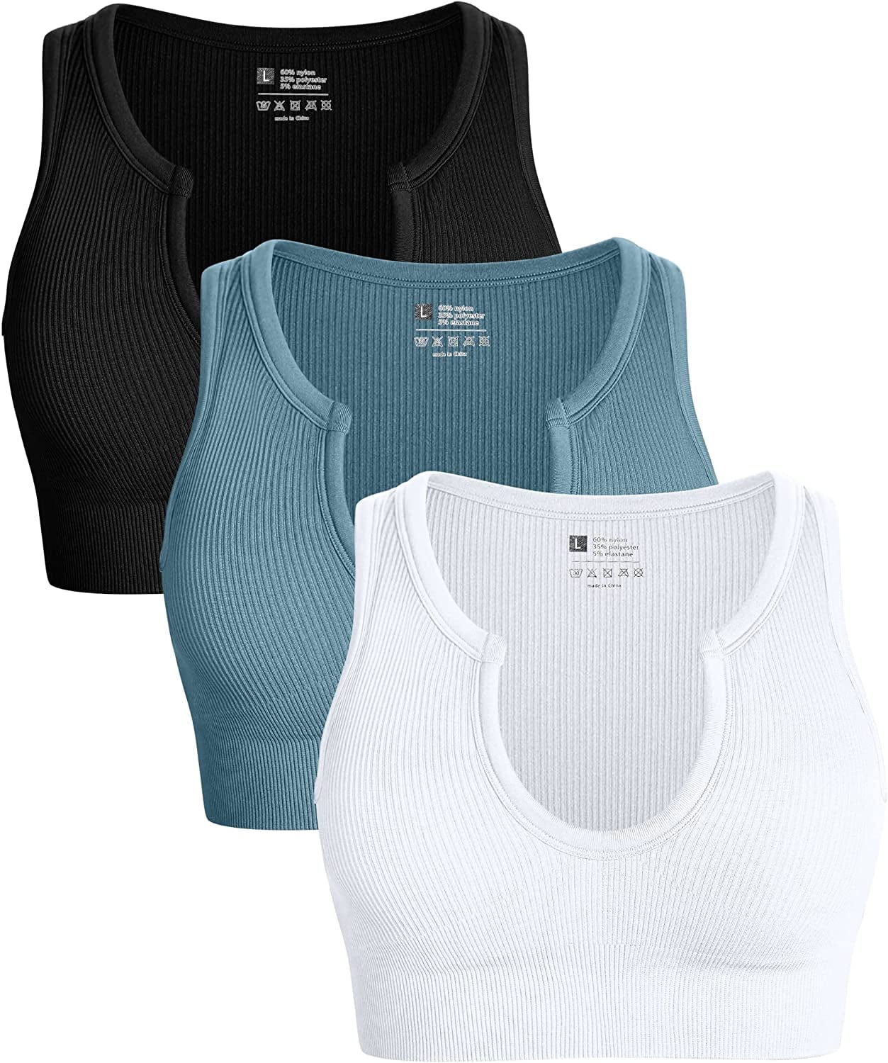 Women'S 3 Piece Medium Support Crop Top Seamless Ribbed Removable Cups Workout Yoga Sport Bra Black Blue White / Medium