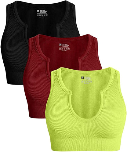 Women'S 3 Piece Medium Support Crop Top Seamless Ribbed Removable Cups Workout Yoga Sport Bra Black Winered Grassgreen / Medium