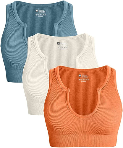 Women'S 3 Piece Medium Support Crop Top Seamless Ribbed Removable Cups Workout Yoga Sport Bra Blue Beige Orange / Medium