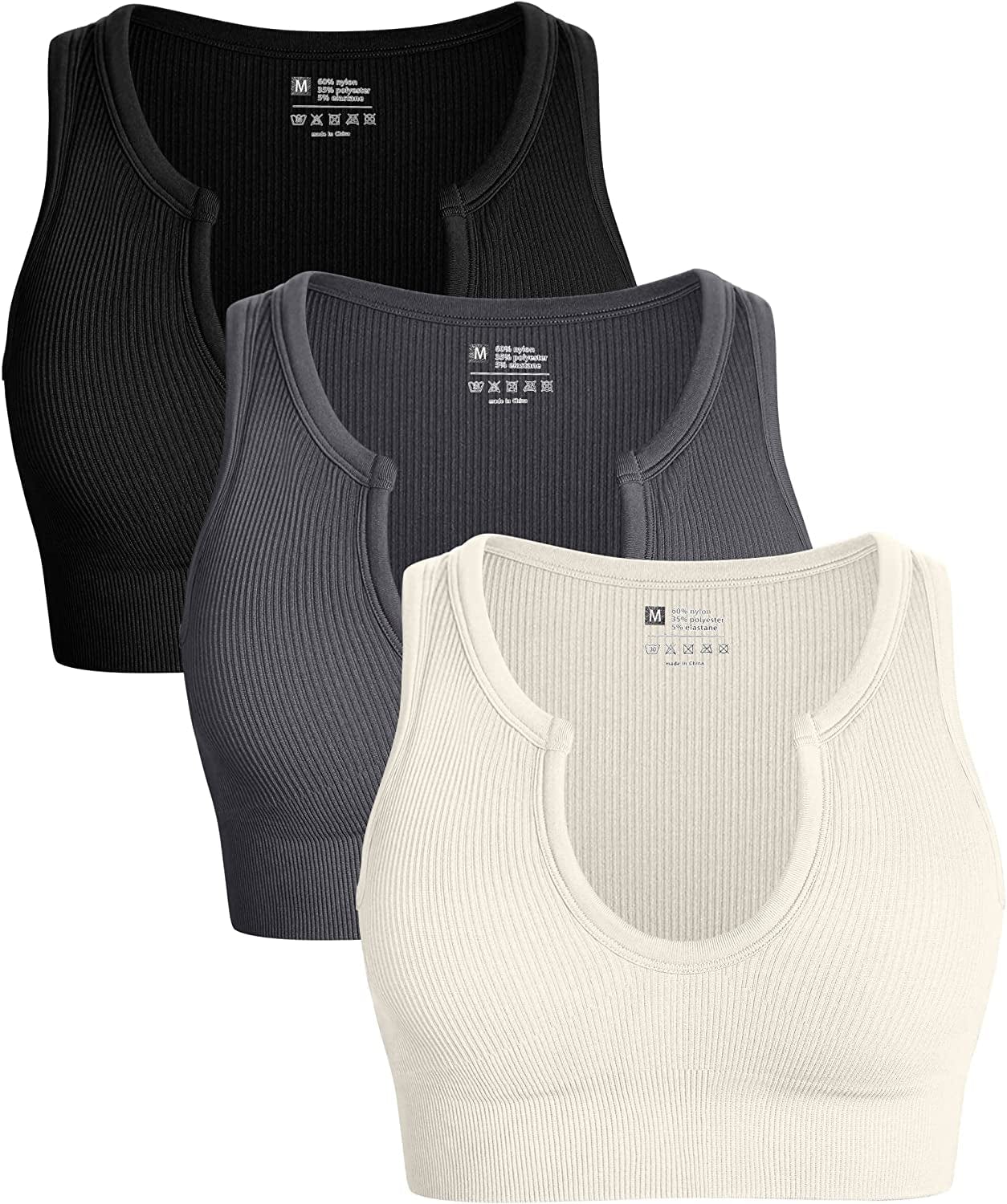 Women'S 3 Piece Medium Support Crop Top Seamless Ribbed Removable Cups Workout Yoga Sport Bra Black Darkgrey Beige / Medium