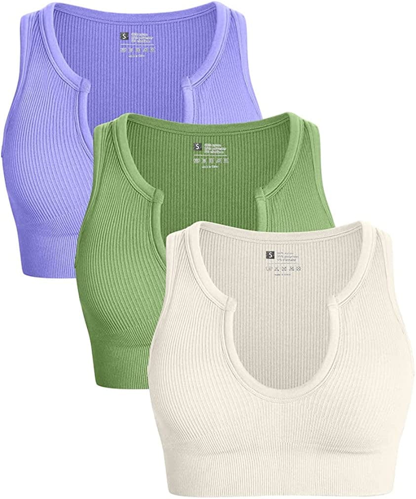 Women'S 3 Piece Medium Support Crop Top Seamless Ribbed Removable Cups Workout Yoga Sport Bra Purple Green Beige / Medium