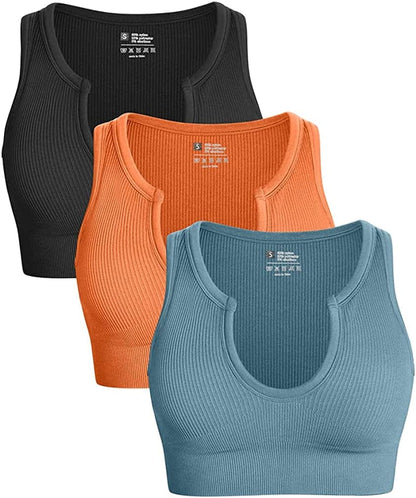 Women'S 3 Piece Medium Support Crop Top Seamless Ribbed Removable Cups Workout Yoga Sport Bra Black Orange Blue / Medium