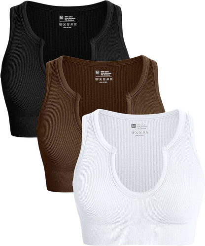 Women'S 3 Piece Medium Support Crop Top Seamless Ribbed Removable Cups Workout Yoga Sport Bra Black Coffee White / Medium