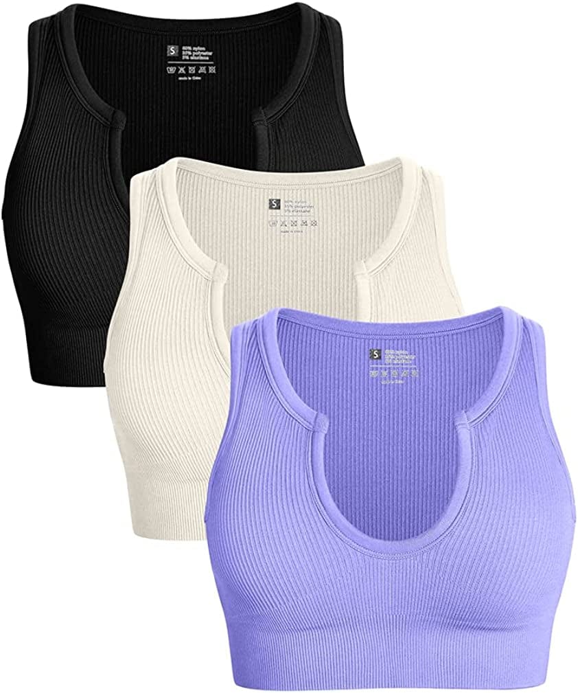 Women'S 3 Piece Medium Support Crop Top Seamless Ribbed Removable Cups Workout Yoga Sport Bra Black Beige Purple / Medium