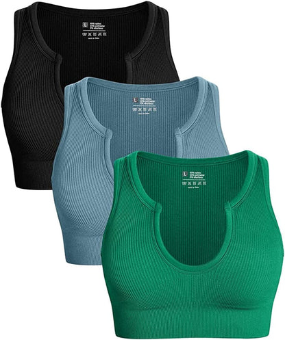 Women'S 3 Piece Medium Support Crop Top Seamless Ribbed Removable Cups Workout Yoga Sport Bra Black Blue Green / Medium