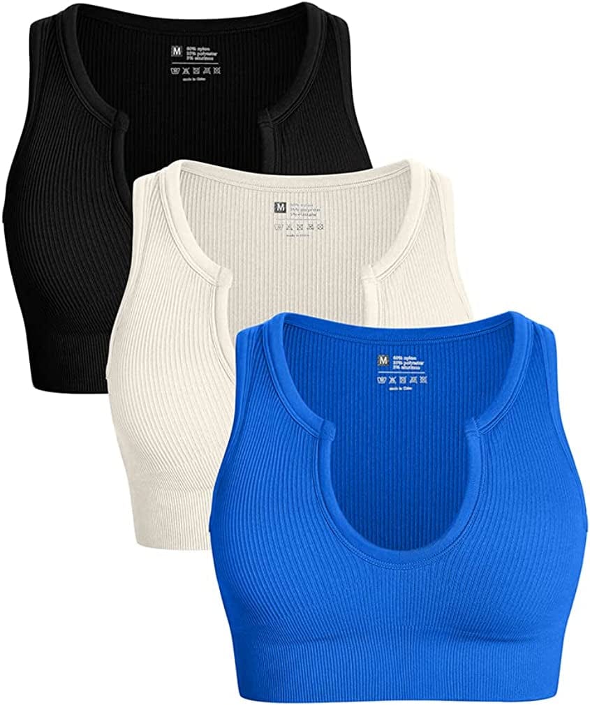 Women'S 3 Piece Medium Support Crop Top Seamless Ribbed Removable Cups Workout Yoga Sport Bra Black Beige Blue1 / Medium