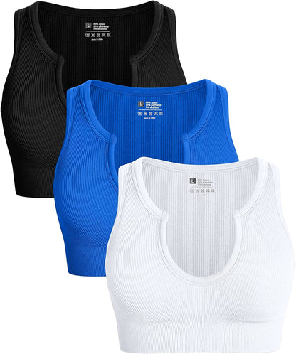 Women'S 3 Piece Medium Support Crop Top Seamless Ribbed Removable Cups Workout Yoga Sport Bra Black Blue1 White / Medium