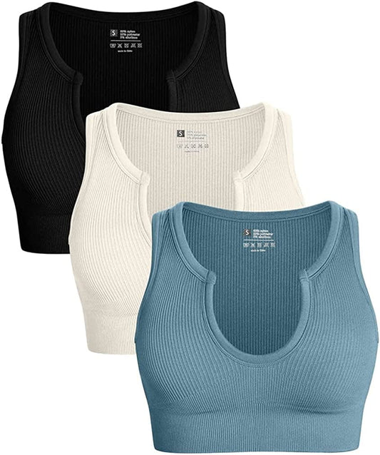 Women'S 3 Piece Medium Support Crop Top Seamless Ribbed Removable Cups Workout Yoga Sport Bra Black Beige Blue / Medium